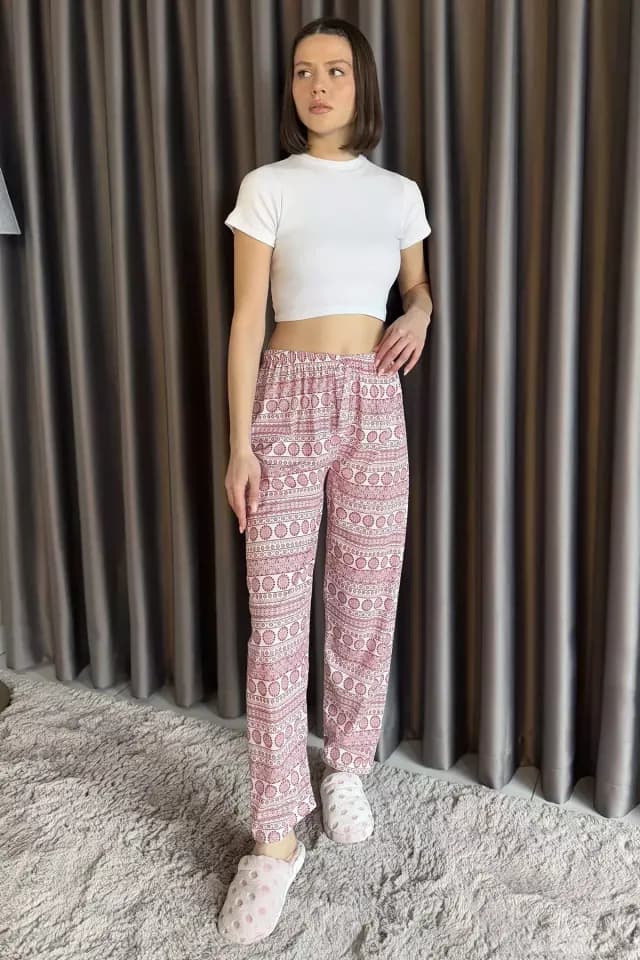 Product Kadın Bel Lastikli Desenli Alt Pijama Kremkırmızı TZL-P-00015068