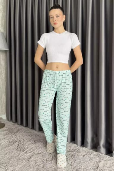Kadın Bel Lastikli Desenli Pijama Altı Mint TZL-P-00015072