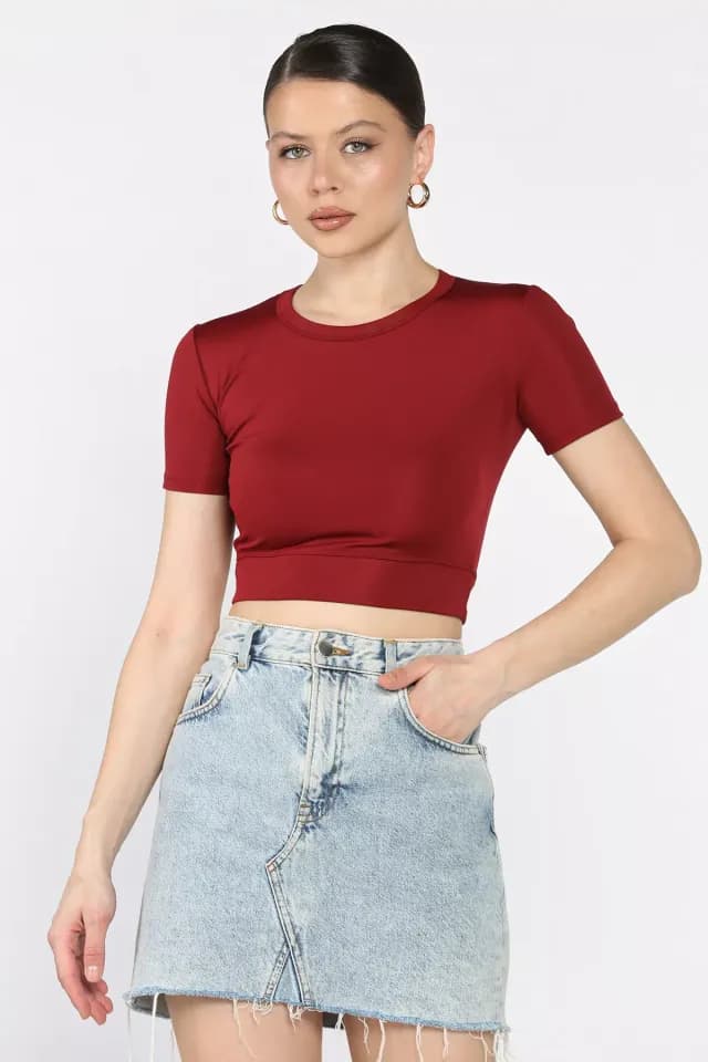 Product Kadın Bisiklet Yaka Likralı Crop Top Bluz Bordo TZL-P-00017184