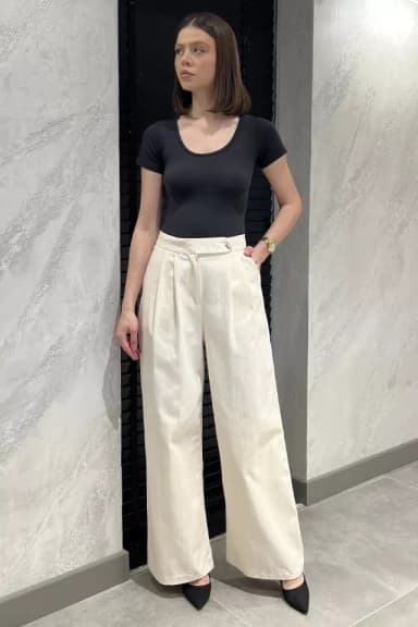Kadın Bol Paça Keten Pantolon Taş TZL-P-00016610