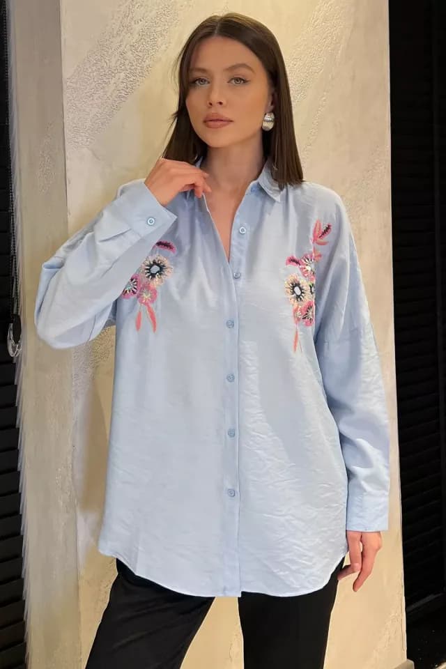 Product Kadın Çiçek Nakışlı Pul İşlemeli Salaş Gömlek Bebemavisi TZL-P-00017171