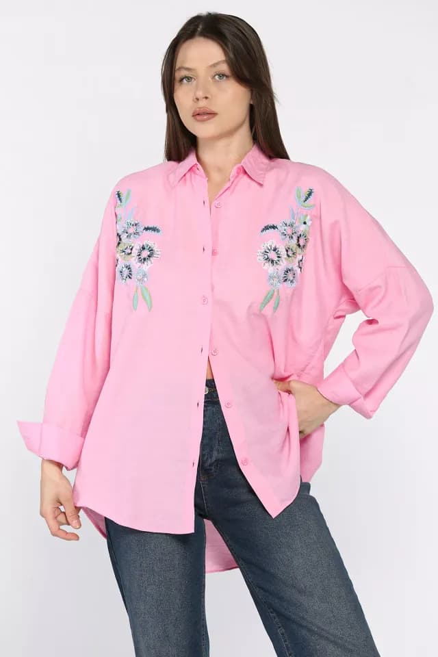Product Kadın Çiçek Nakışlı Pul İşlemeli Salaş Gömlek Pembe TZL-P-00017171