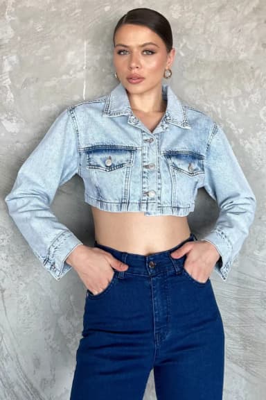 Kadın Crop Top Jean Kot Ceket Buzmavisi TZL-P-00017199
