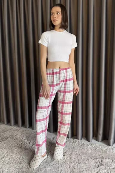 Kadın Geometrik Desenli Bel Lastikli Pijama Altı Krempembe TZL-P-00015071