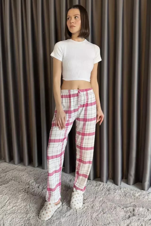 Product Kadın Geometrik Desenli Bel Lastikli Pijama Altı Krempembe TZL-P-00015071