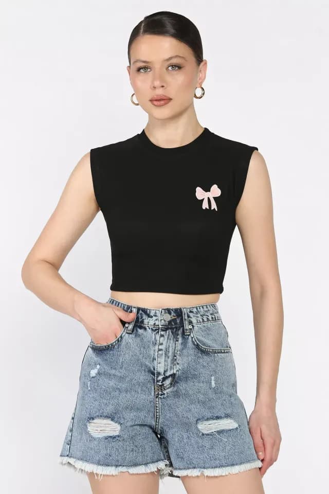Product Kadın Japone Kol Fiyonklu Fitilli Crop Top Bluz Siyah TZL-P-00016999