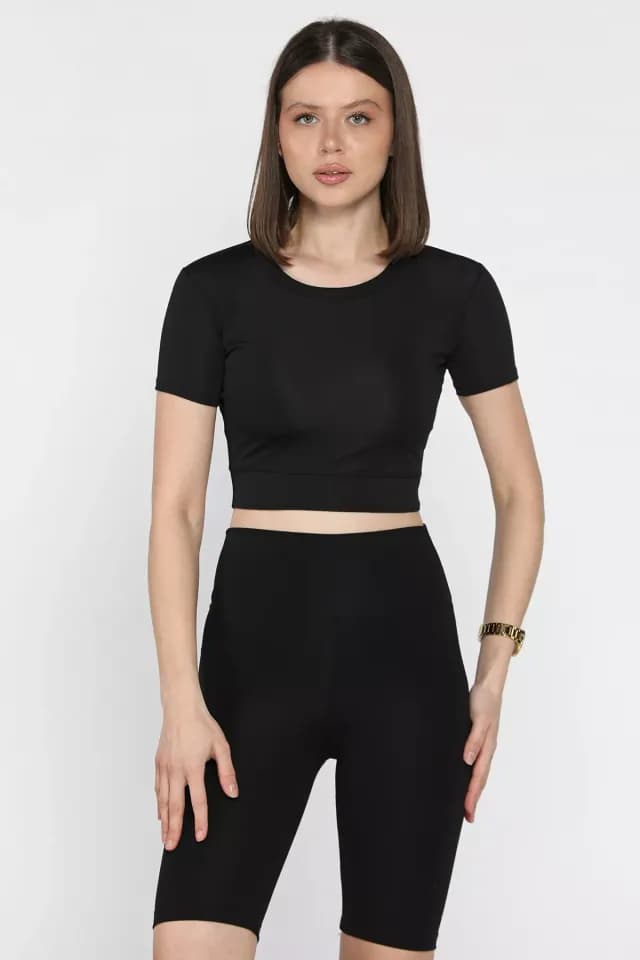 Product Kadın Ön Fermuarlı Modal Kumaş Crop Top Bluz Siyah TZL-P-00016944