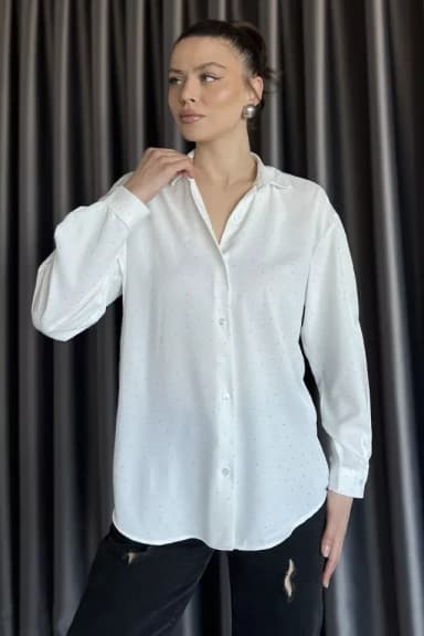 Kadın Taş İşlemeli Uzun Kol Gömlek Beyaz TZL-P-00016997