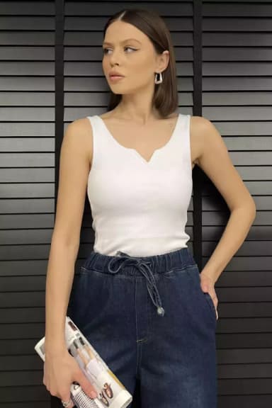 Kadın V Yaka Fitilli Kadın Atlet Beyaz TZL-P-00015681