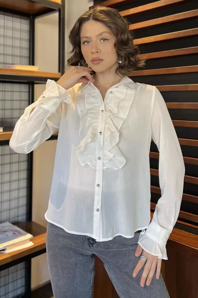 Product Kadın Volanlı İçlik Kombinli Gömlek Krem TZL-P-00016602