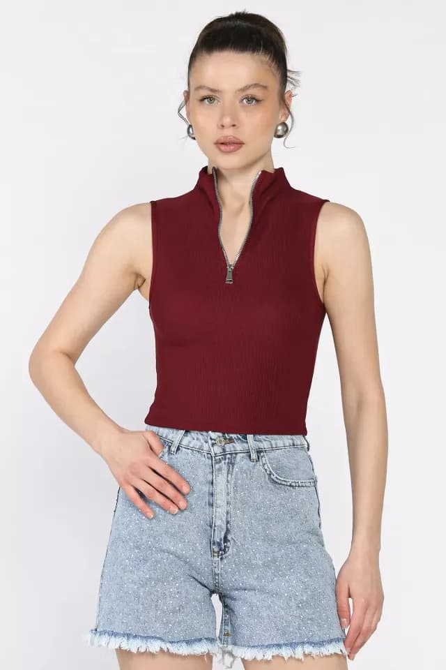 Product Kadın Yarım Fermuarlı Fitilli Crop Top Bluz Bordo TZL-P-00016993