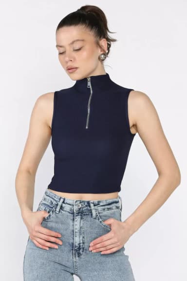 Kadın Yarım Fermuarlı Fitilli Crop Top Bluz Lacivert TZL-P-00016993