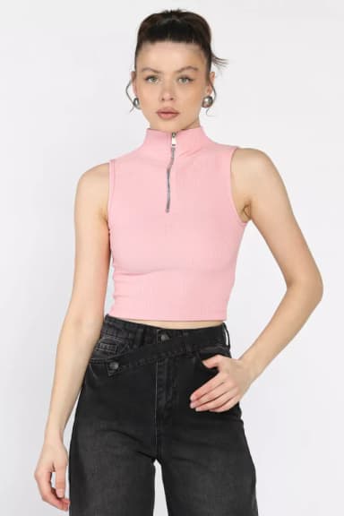 Kadın Yarım Fermuarlı Fitilli Crop Top Bluz Pembe TZL-P-00016993
