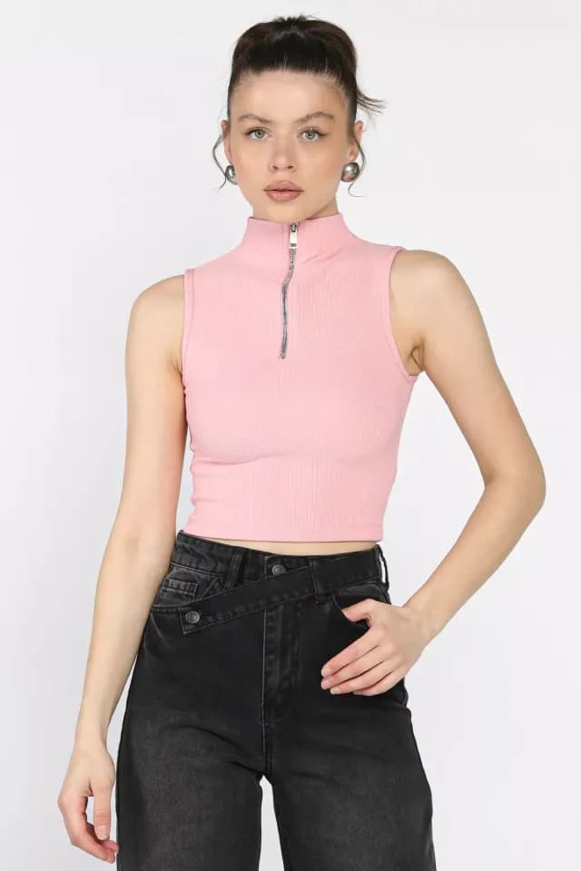 Product Kadın Yarım Fermuarlı Fitilli Crop Top Bluz Pembe TZL-P-00016993