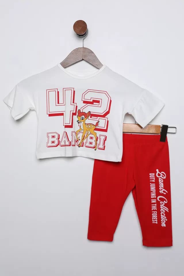 Product Kız Çocuk Bambi Baskılı Tişört Tayt İkili Takım Kremkırmızı TZL-P-00016452