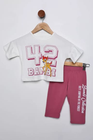 Kız Çocuk Bambi Baskılı Tişört Tayt İkili Takım Krem Mürdüm TZL-P-00016452