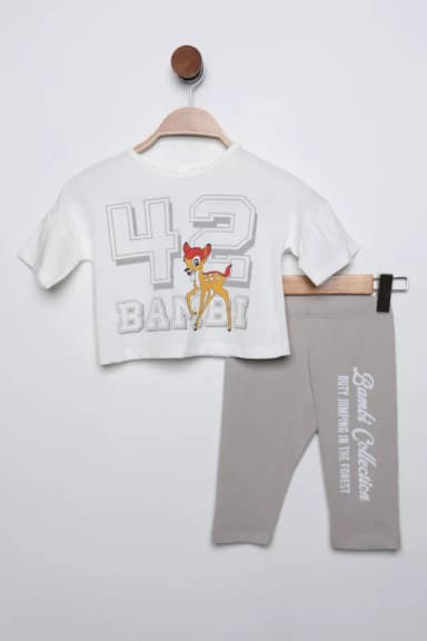 Kız Çocuk Bambi Baskılı Tişört Tayt İkili Takım Kremgri TZL-P-00016452