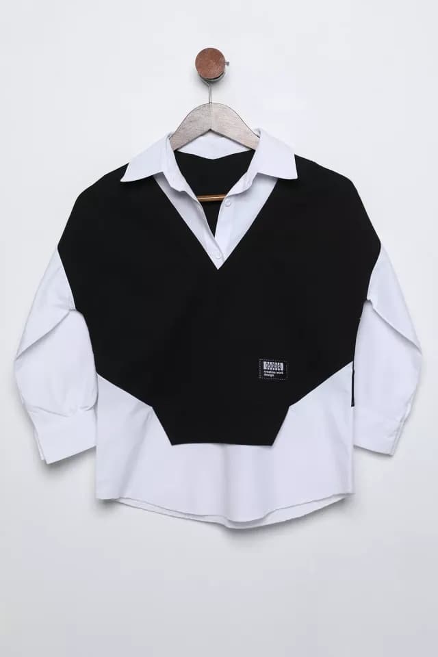 Product Kız Çocuk Gömlek Garnili Amblem Detaylı Bluz Siyahbeyaz TZL-P-00015876
