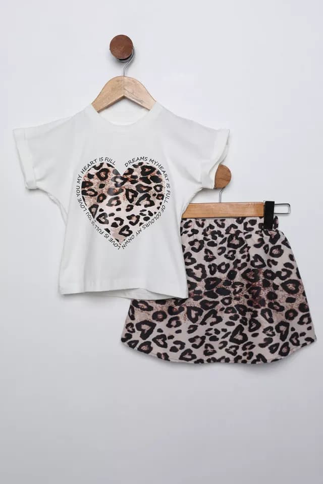 Product Kız Çocuk Leopar Desenli Etek Bluz İkili Takım Beyaz TZL-P-00016392