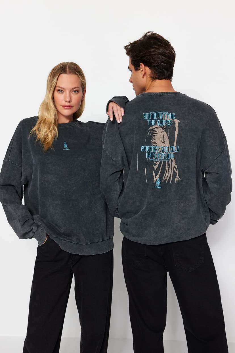Antrasit Oversize/Geniş Kesim Soluk Efektli Mistik Temalı Şardonsuz Sweatshirt