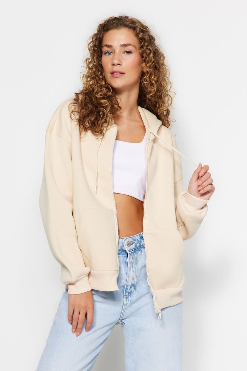 Taş Oversize/Rahat Kesim Basic Kapuşonlu Fermuarlı Kalın İçi Polarlı Örme Sweatshirt