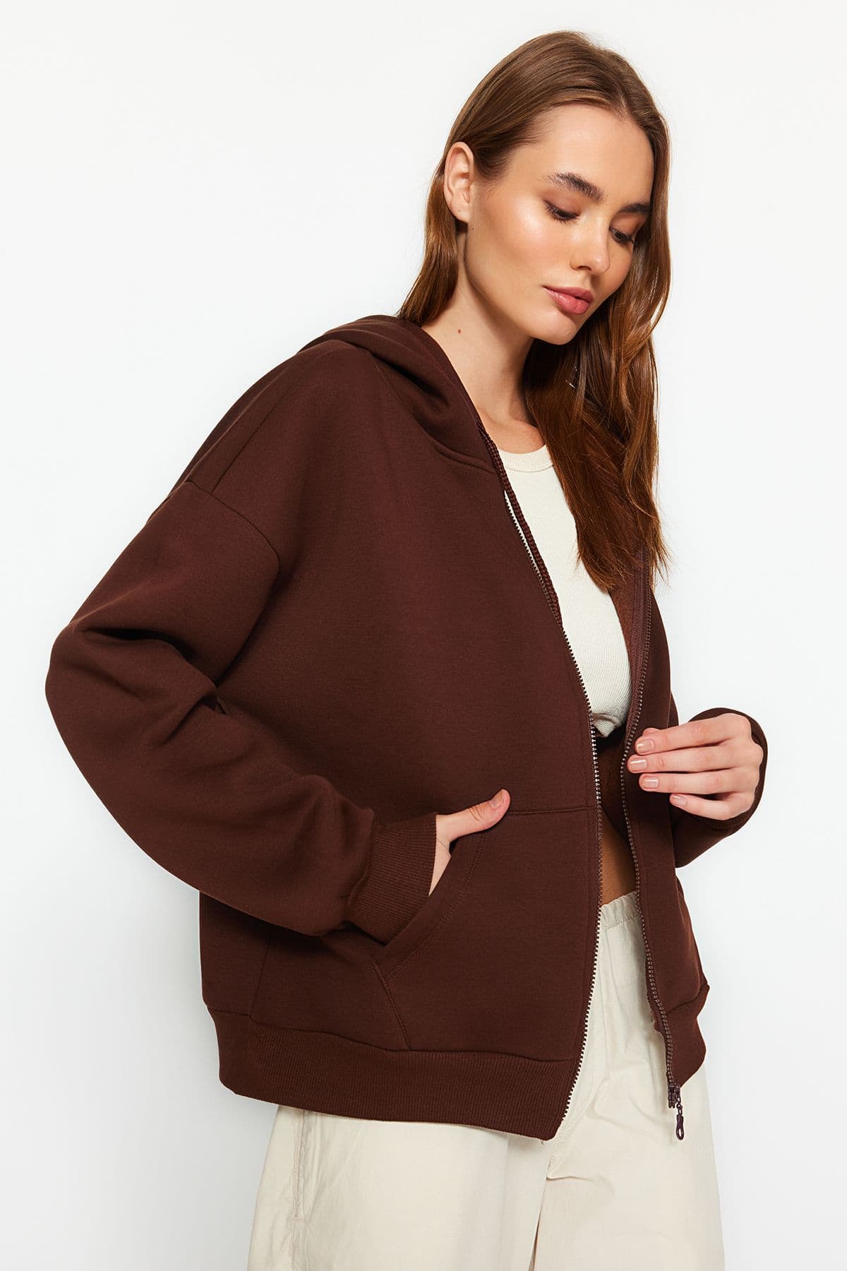Kahverengi Oversize/Rahat Kesim Basic Kapuşonlu Kalın İçi Polarlı Örme Sweatshirt