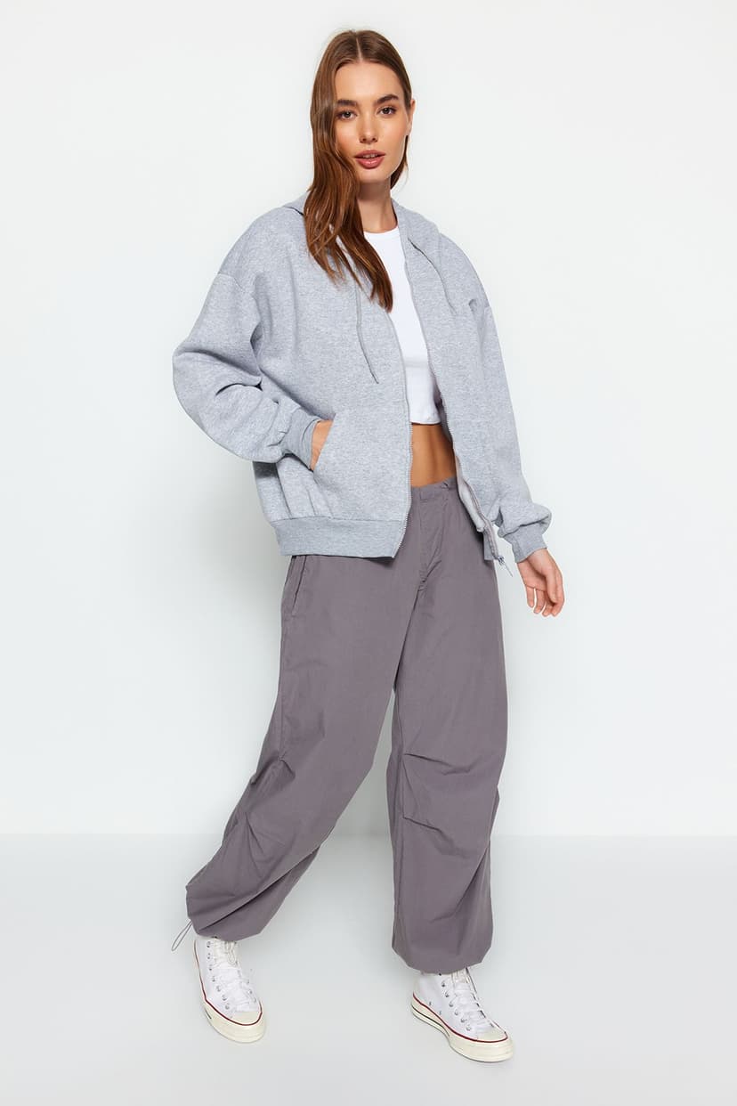 Gri Oversize/Rahat Kesim Basic Kapuşonlu Fermuarlı Kalın İçi Polarlı Örme Sweatshirt