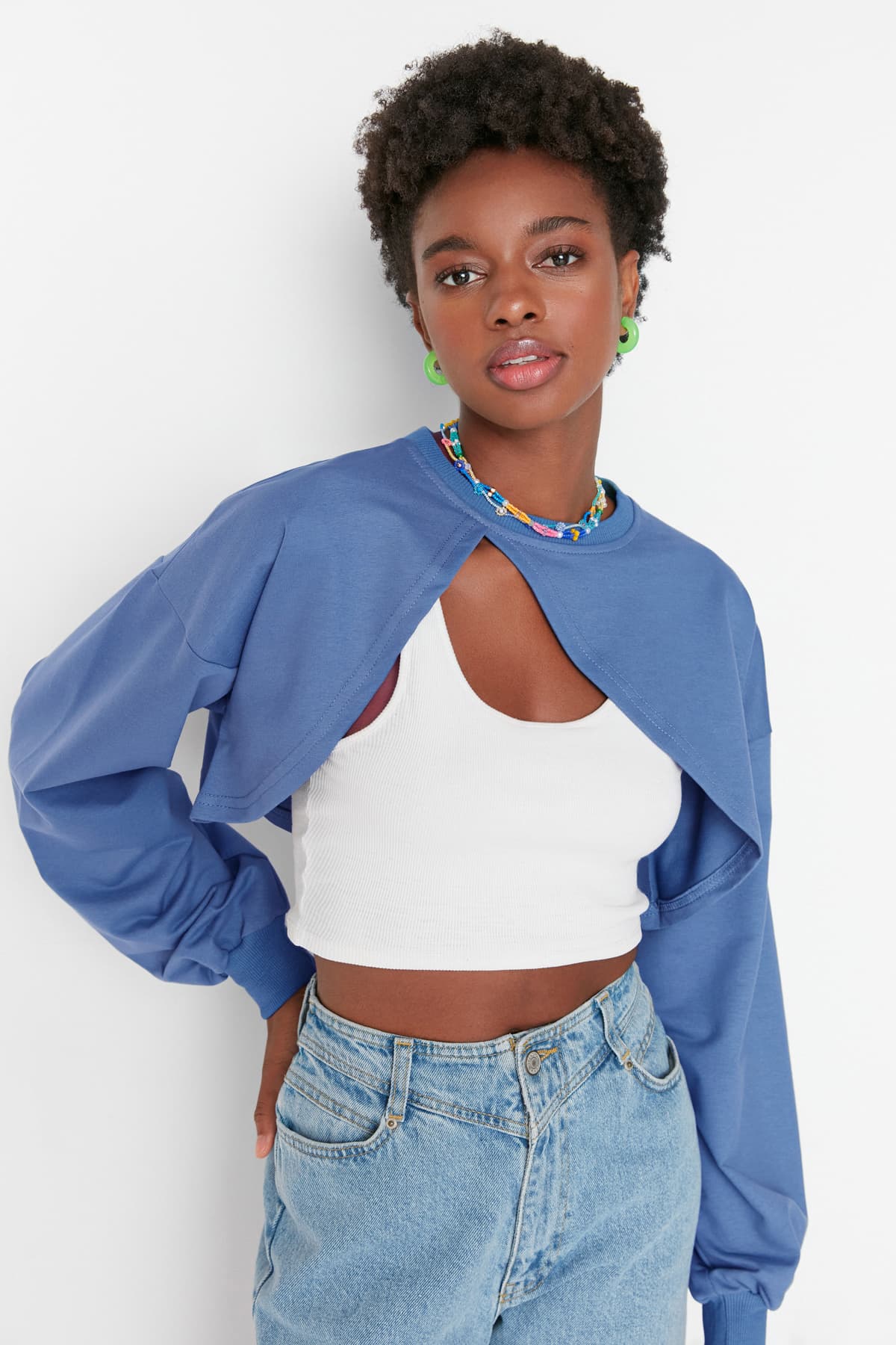 Indigo Asimetrik Super Crop Bisiklet Yaka İnce Örme Sweatshirt