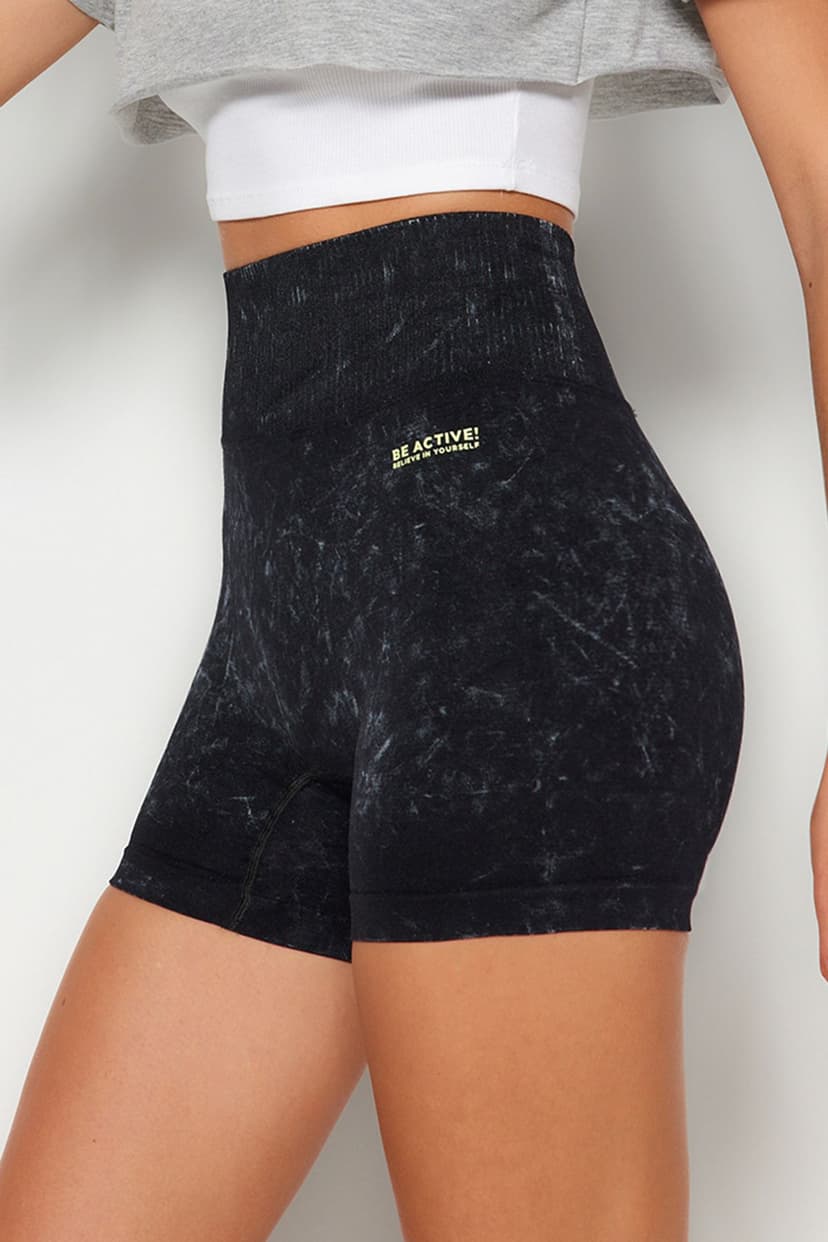 Siyah Seamless/Dikişsiz Yıkamalı Örme Spor Şort/Kısa Tayt