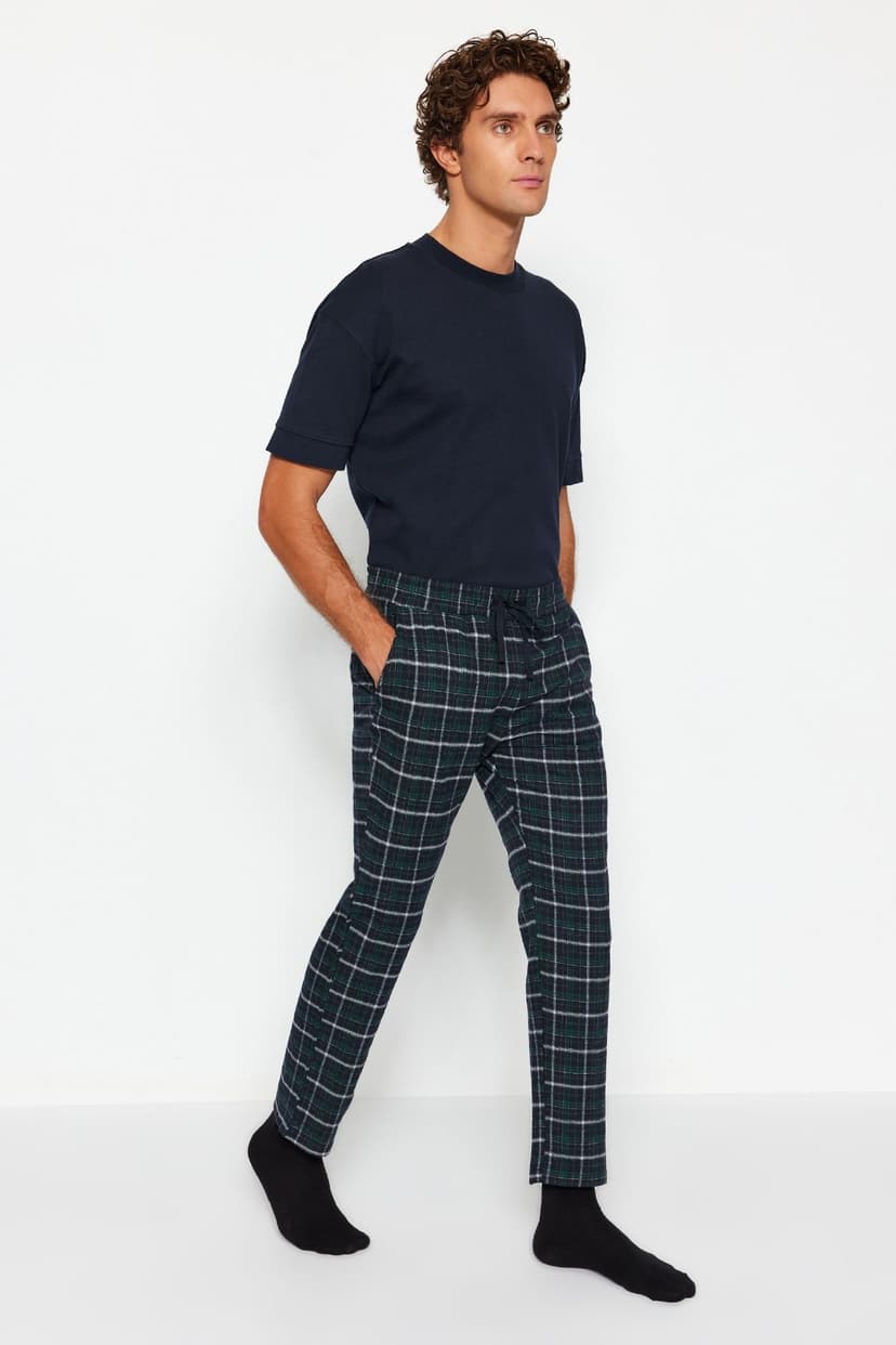 Lacivert Yeşil Ekoseli Regular Fit Dokuma Unisex Pijama Altı Eşofman