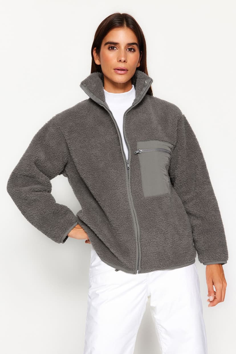 Winter Essentials Antrasit Kalın Polar Fermuarlı Dik Yaka Cepli Örme Sweatshirt