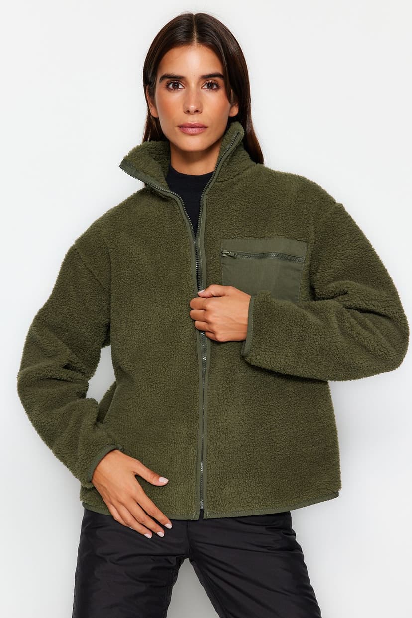 Winter Essentials Haki Kalın Polar Fermuarlı Dik Yaka Uzun Kol Cepli Örme Sweatshirt