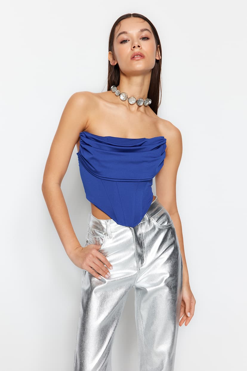 Saks Crop Astarlı Korse Detaylı Örme Büstiyer