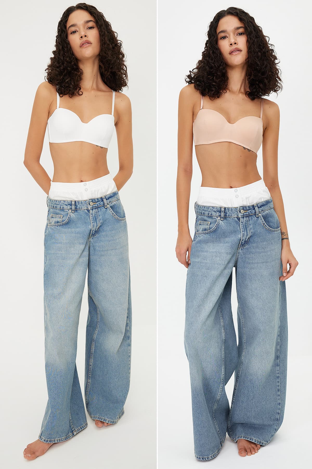 Beyaz-Ten 2'li Paket İp Askılı Dolgusuz Bütün Kap Balkonet Örme Sütyen