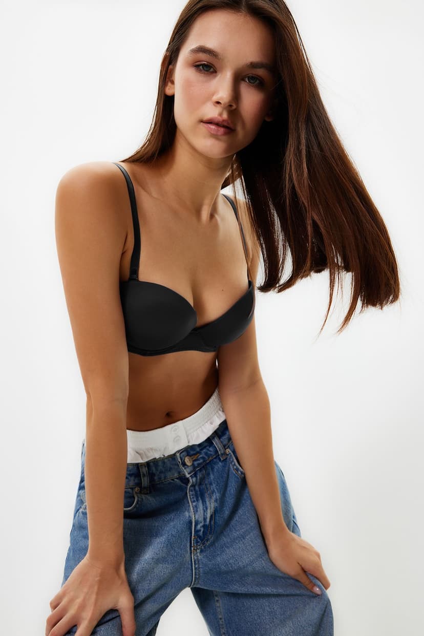 Siyah İp Askılı Ekstra Dolgulu/Push-Up Tshirt Bra Örme Sütyen