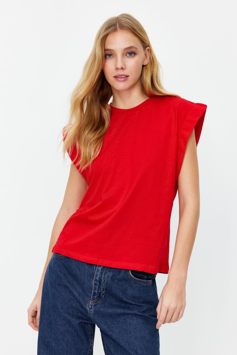 Kırmızı %100 Pamuk Vatka Görünümlü Basic Bisiklet Yaka Örme T-Shirt
