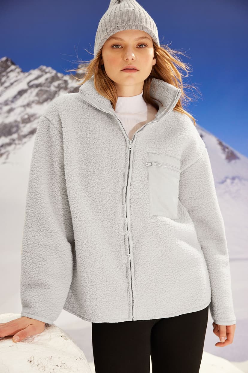 Winter Essentials Gri Polar Fermuarlı Dik Yaka Uzun Kol Cep Detaylı Örme Sweatshirt