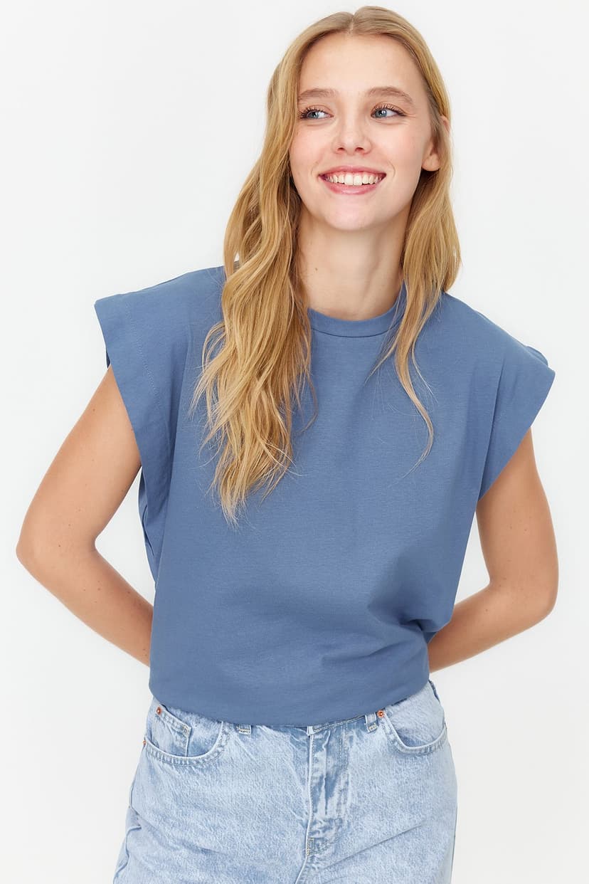 İndigo %100 Pamuk Vatka Görünümlü Basic Bisiklet Yaka Örme T-Shirt