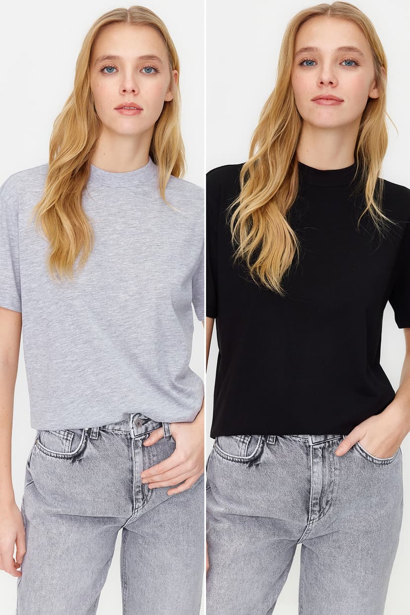 Siyah-Gri Melanj 2'li Paket Basic Dik Yaka Örme T-Shirt