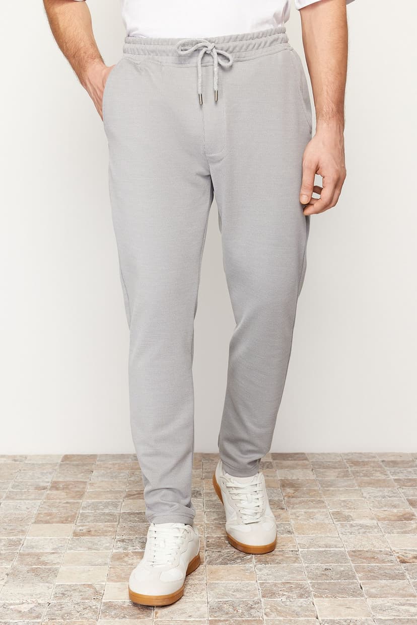 Gri Jogger Fit Lastikli Beli Bağlamalı Dokulu Örme Rahat Pantolon