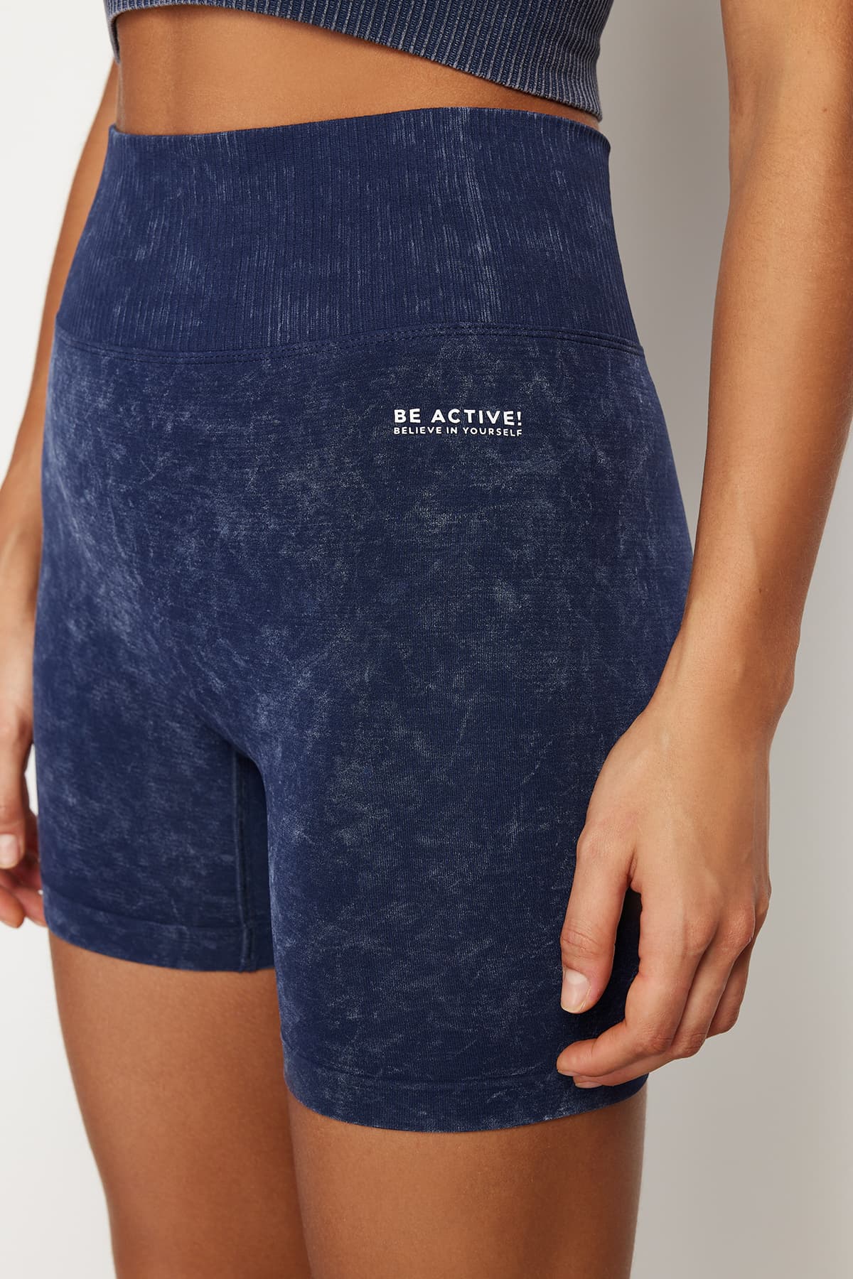 Mavi Seamless/Dikişsiz Yıkamalı Örme Spor Şort/Kısa Tayt