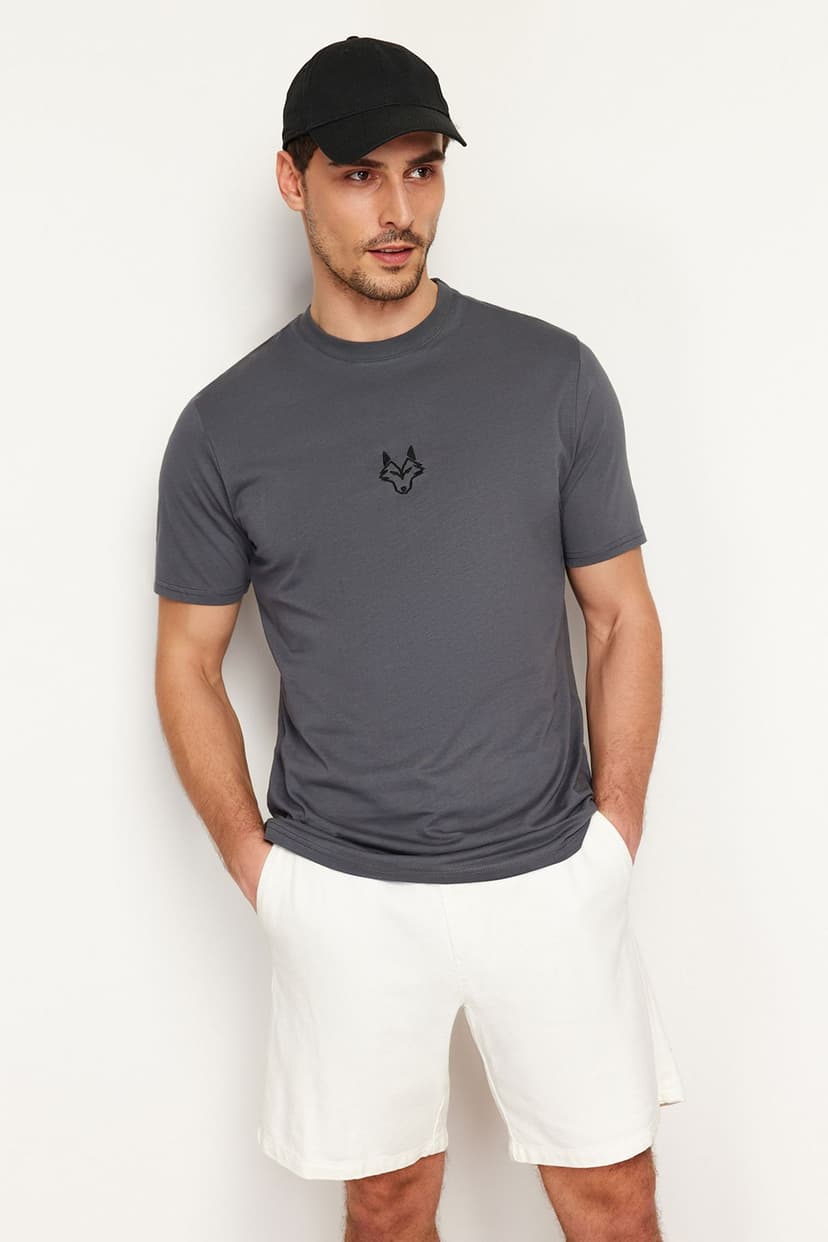 Antrasit Regular/Normal Kesim Kurt Nakışlı %100 Pamuklu T-Shirt