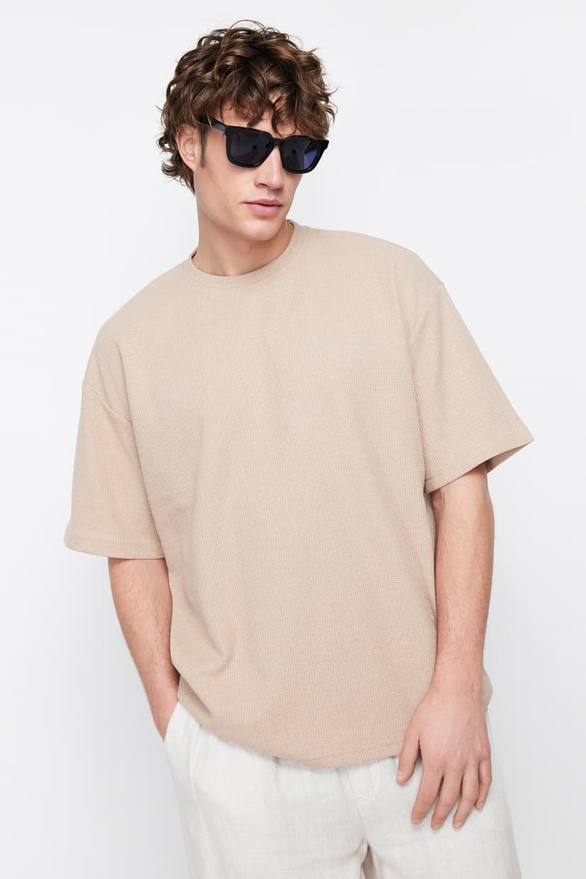 Camel Oversize/Geniş Kesim Bisiklet Yaka Kısa Kollu Basic Dokulu T-shirt