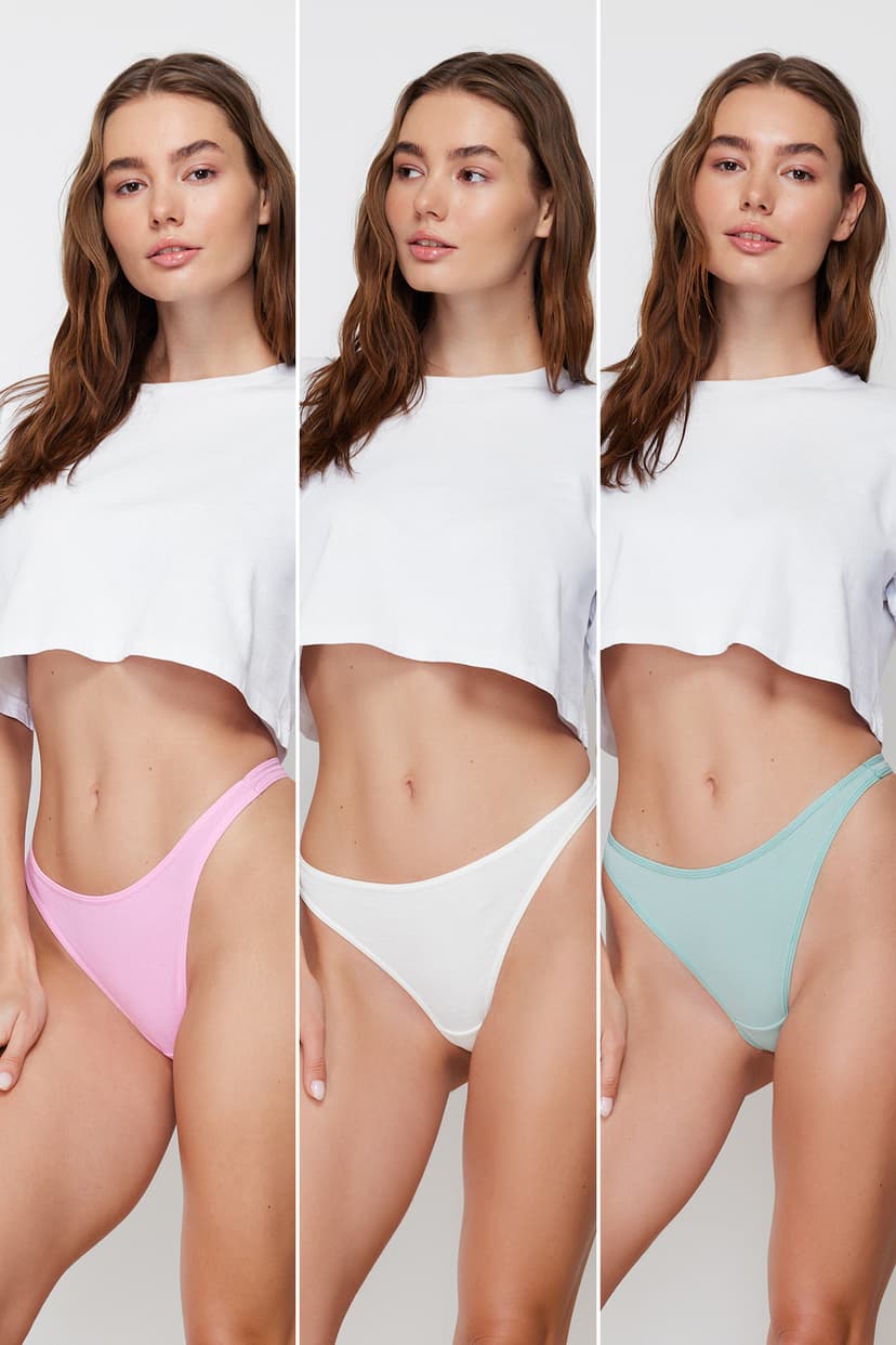 Ekru-Pembe-Yeşil 3'lü Paket Pamuklu Tanga Örme Külot