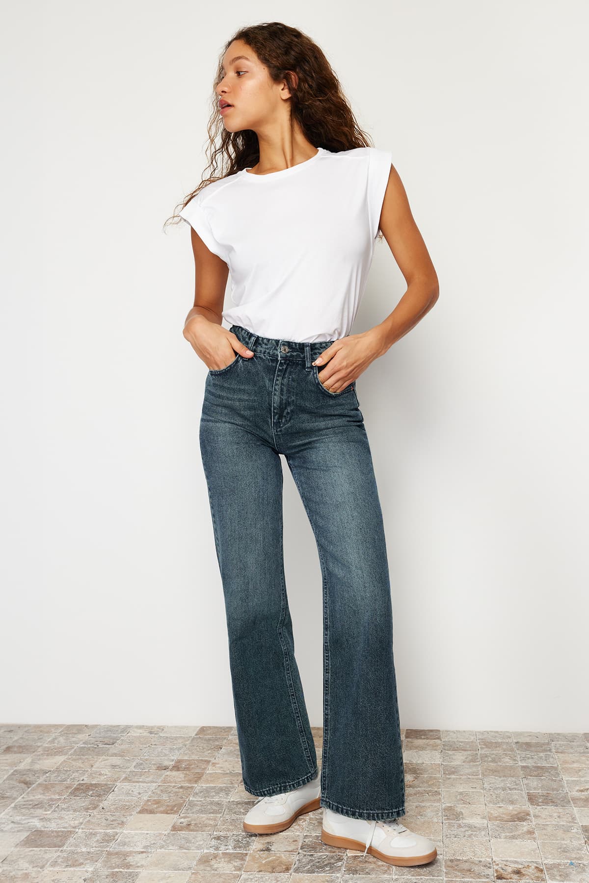 Koyu Mavi Soluk Efekt Vintage Yüksek Bel Wide Leg Jeans