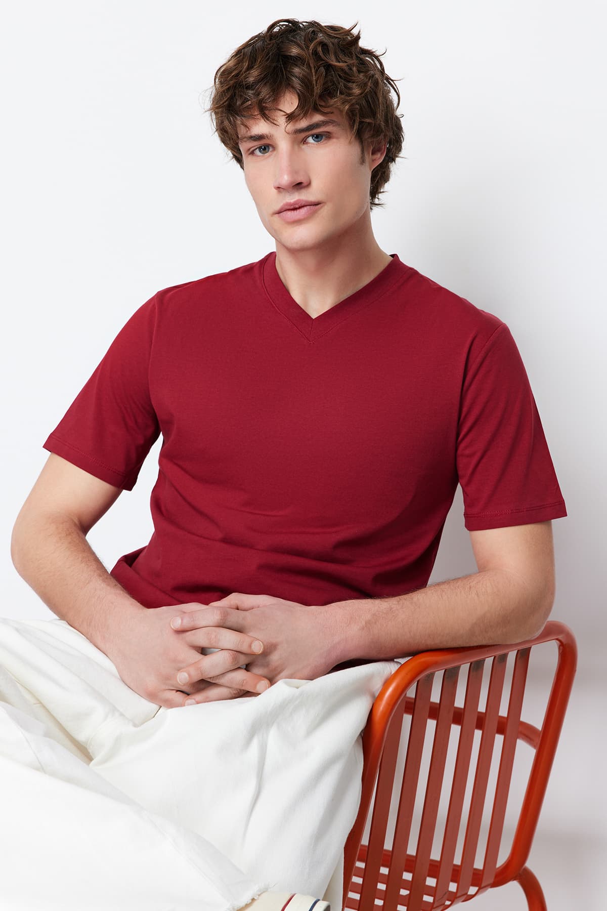 Bordo Slim/Dar Kesim Basic V Yaka Kısa Kollu %100 Pamuklu T-Shirt