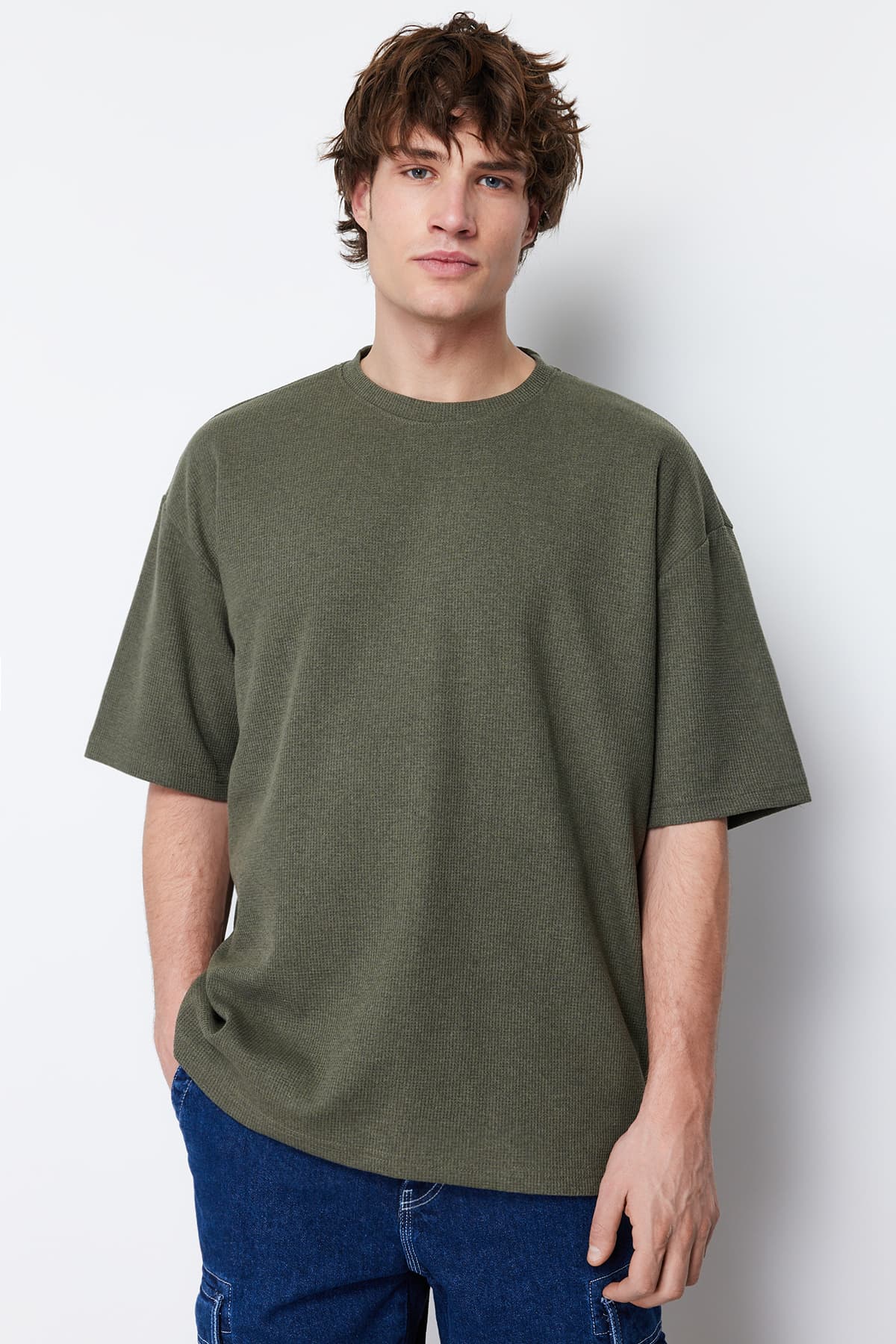 Haki Oversize/Geniş Kesim Kısa Kollu Dokulu Basic T-shirt