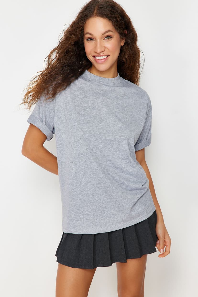 Gri Melanj Premium Oversize/Geniş Kalıp Bisiklet Yaka Örme T-Shirt