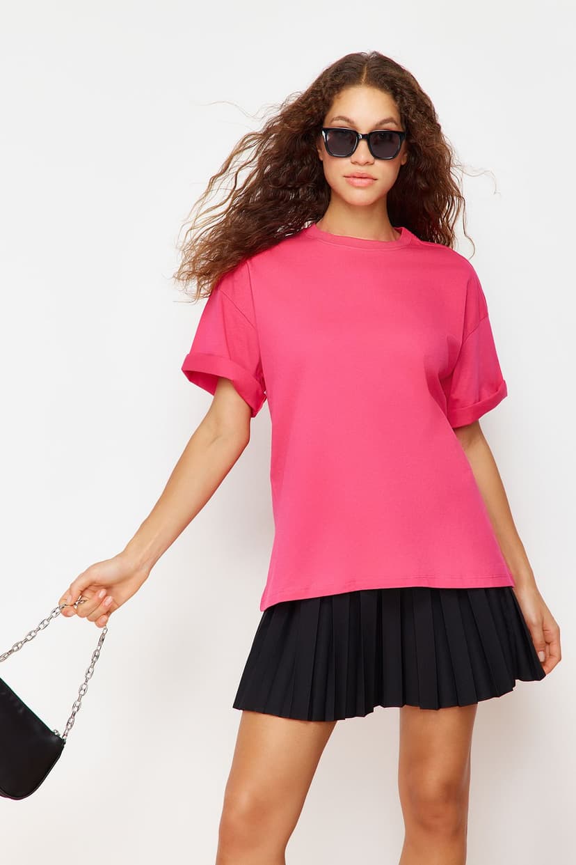 Fuşya%100 Pamuk Premium Oversize/Geniş Kalıp Bisiklet Yaka Örme T-Shirt