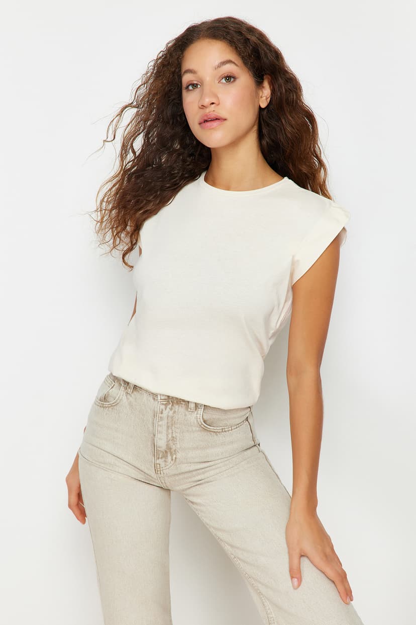 Bej %100 Pamuk Vatka Görünümlü Basic Bisiklet Yaka Örme T-Shirt